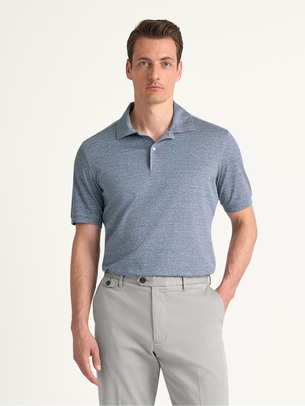 Proper Cloth mens L Large blue Monterey slate cotton and linen pique knit polo